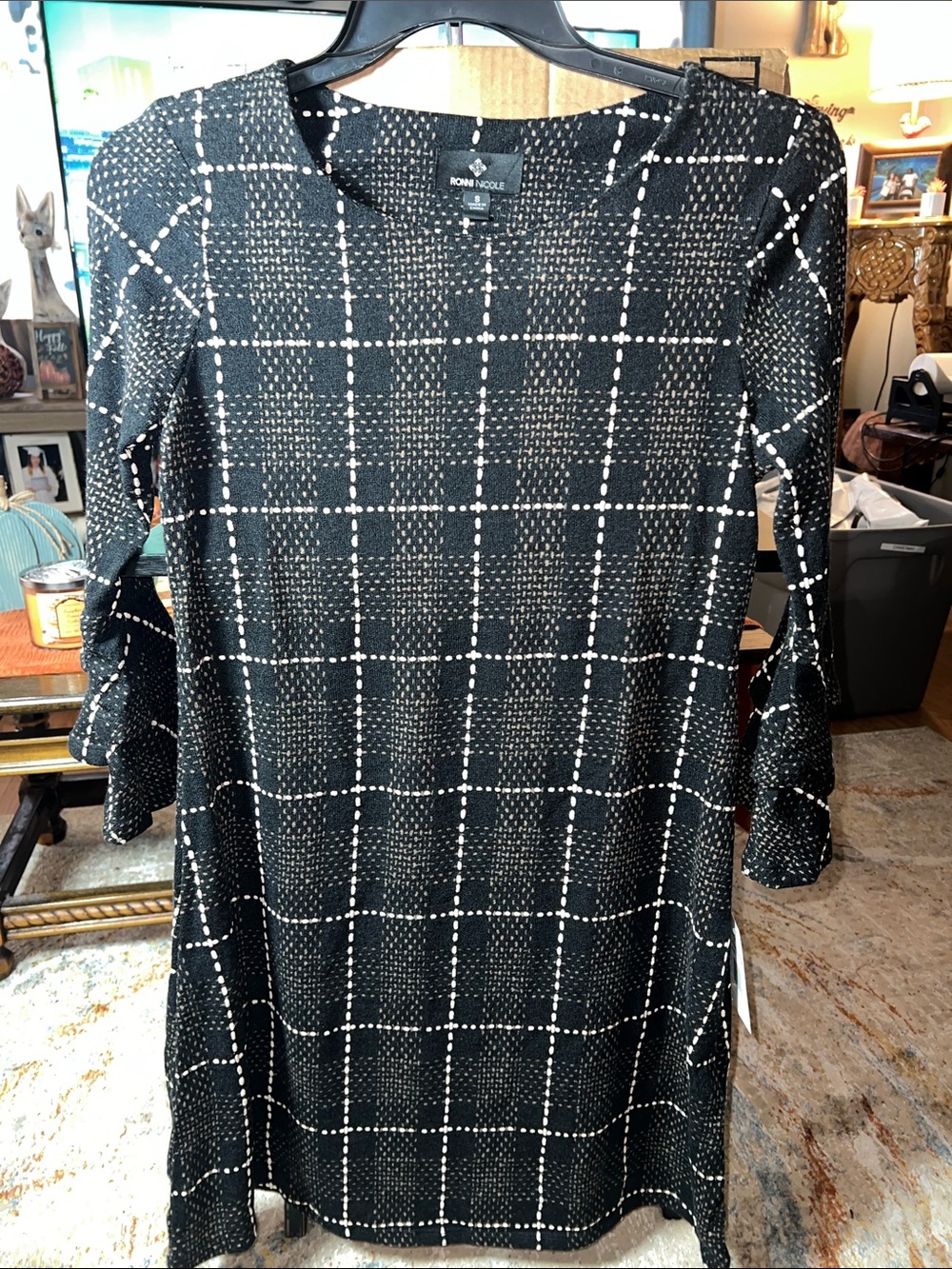 Ronni Nicole Black and White Windowpane Long Sleeve Dress